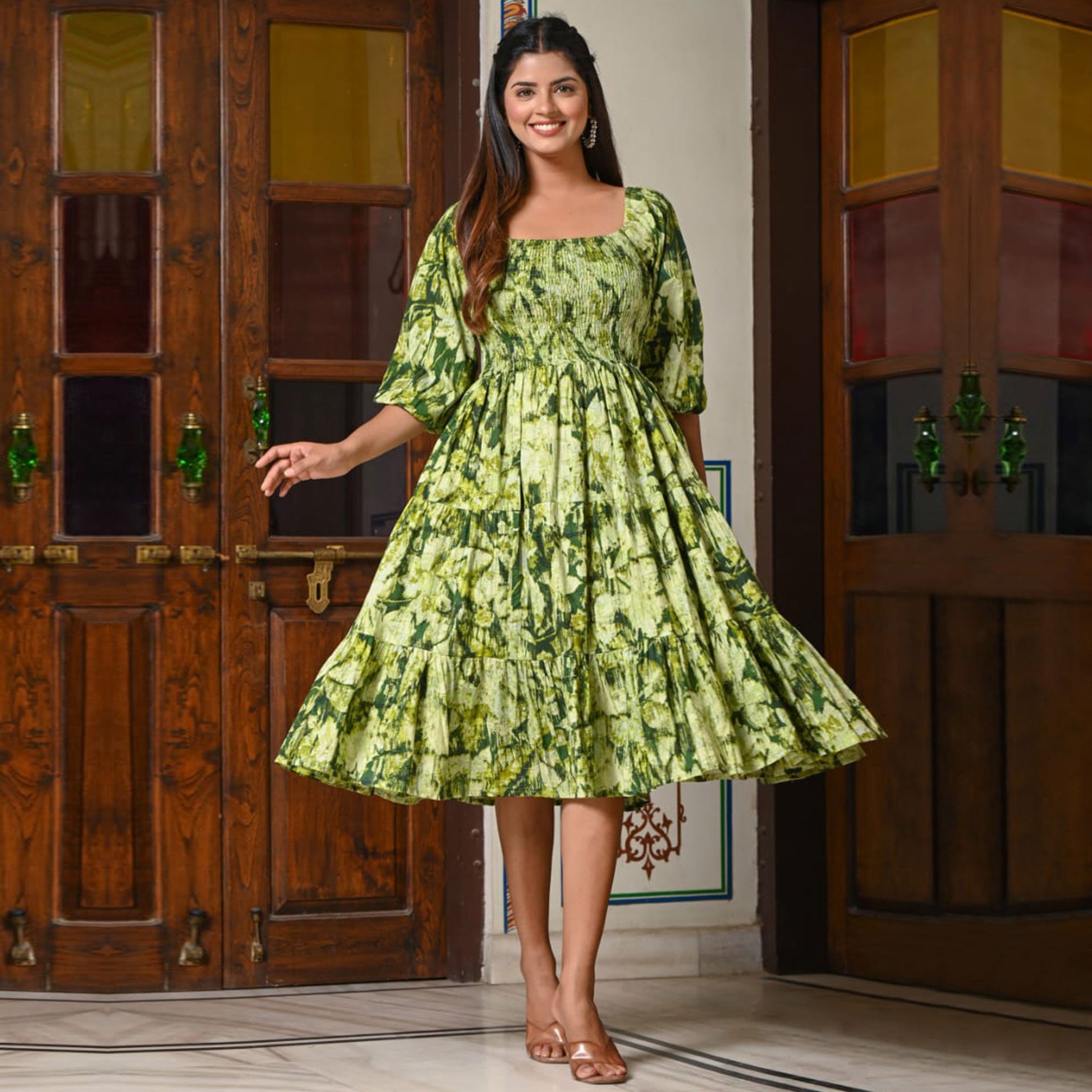 green-floral-printed-pure-cotton-dress