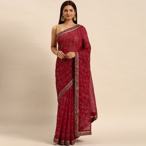Maroon Floral Foil Printed Shimmer Saree