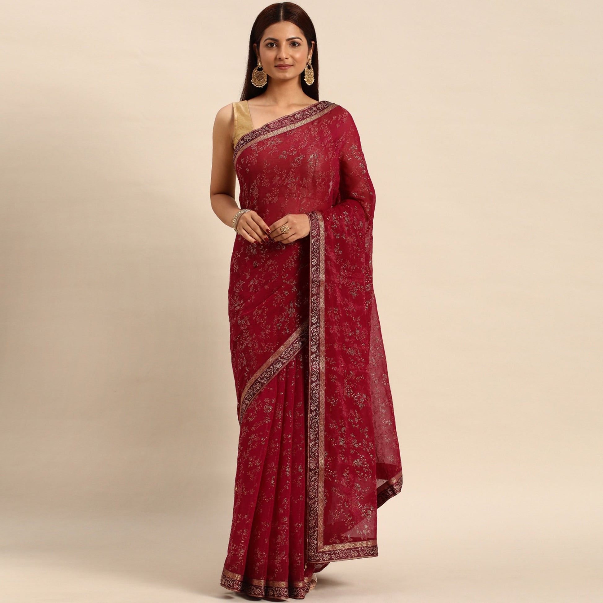 Maroon Floral Foil Printed Shimmer Saree