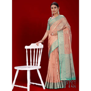 Dark Peach Floral Woven Organza Saree With Tassels