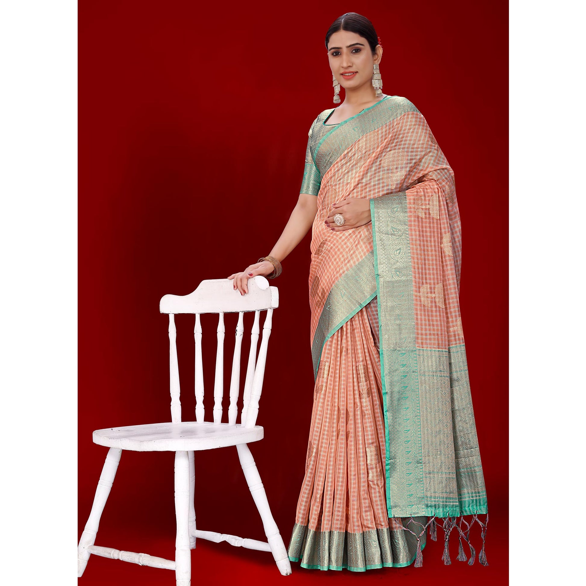 Dark Peach Floral Woven Organza Saree With Tassels