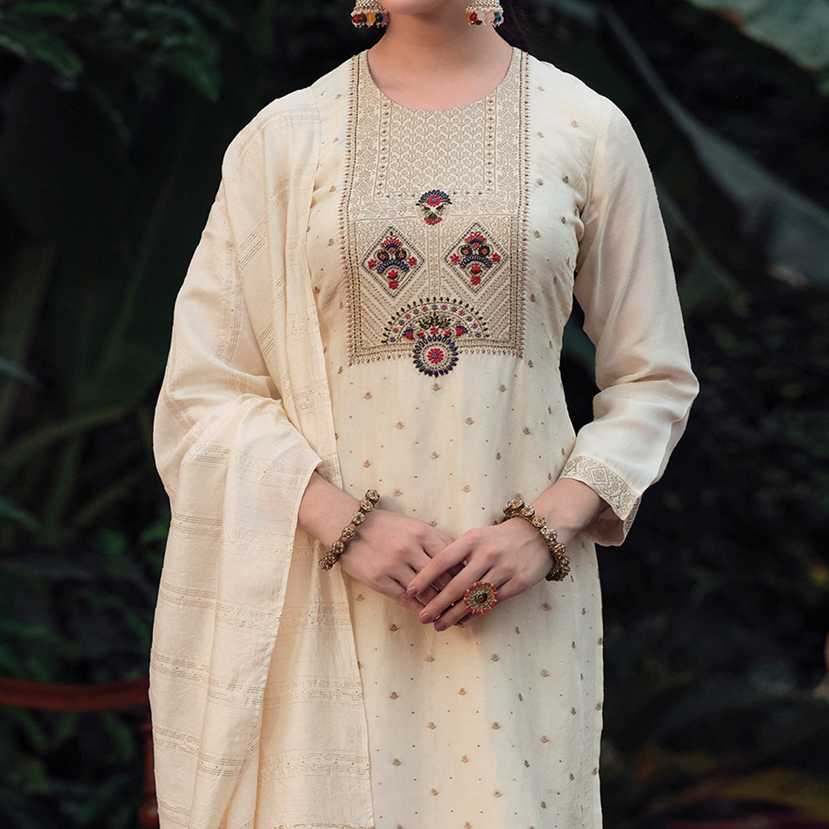 Cream Floral Woven Muslin Salwar Suit