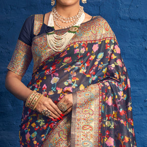 Blue Woven Art Silk Saree With Tassels