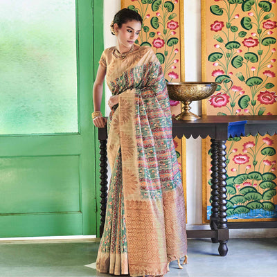 Multicolor Digital Printed Raw Silk Saree With Tassels