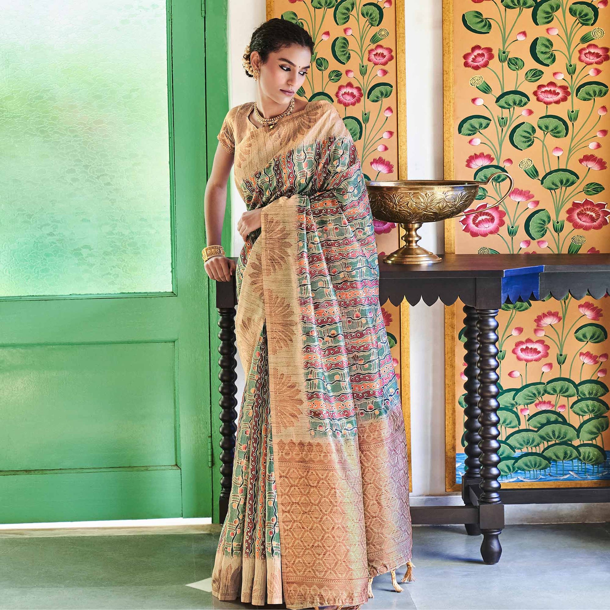 Multicolor Digital Printed Raw Silk Saree With Tassels