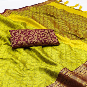Lemon Green Printed And Woven Cotton Silk Saree With Tassels