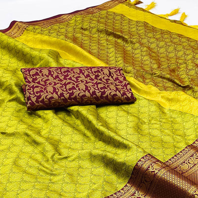 Lemon Green Printed And Woven Cotton Silk Saree With Tassels