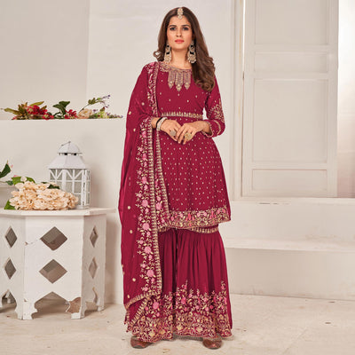 Maroon Sequins Embroidered Georgette Sharara Suit