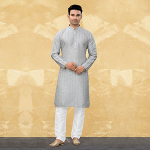 Grey Sequins Embroidered Art Silk Kurta Pyjama Set