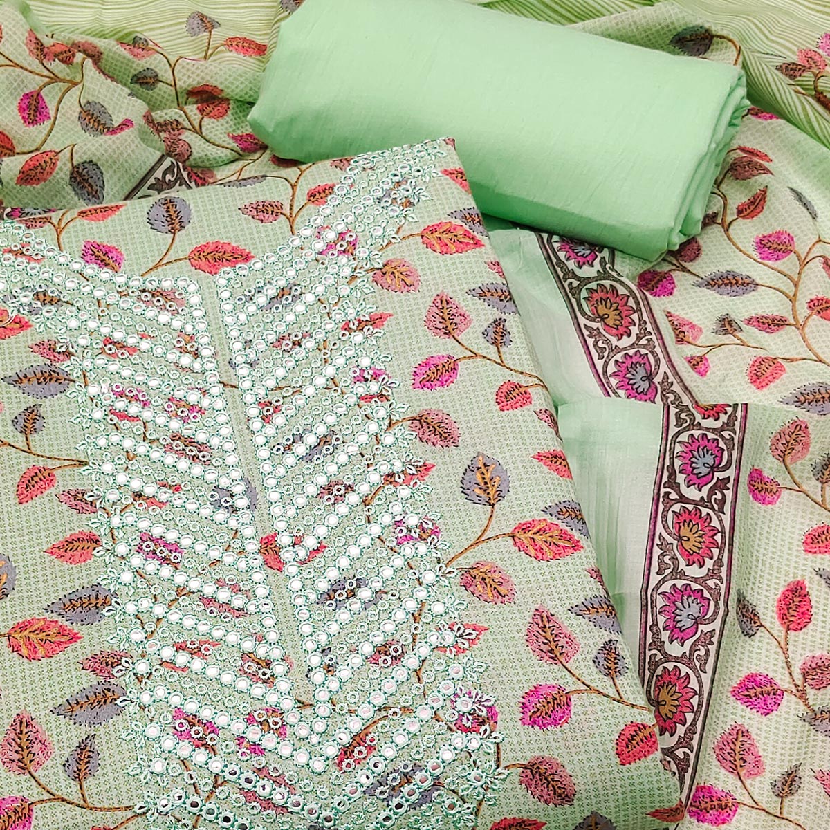green-floral-printed-mirror-work-pure-cotton-dress-material