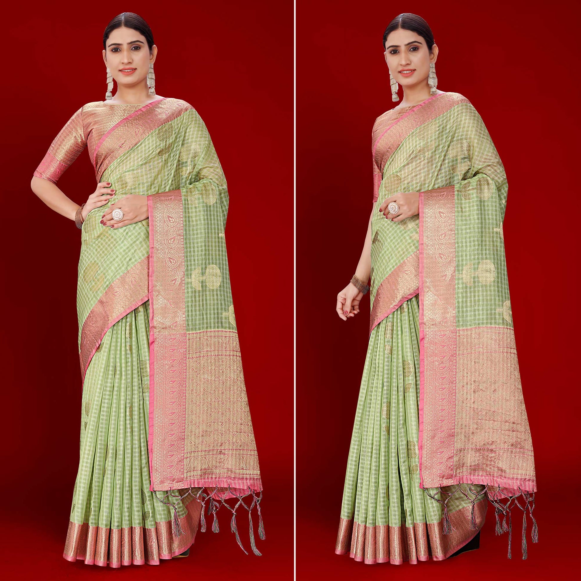 green-floral-woven-organza-saree-with-tassels-1