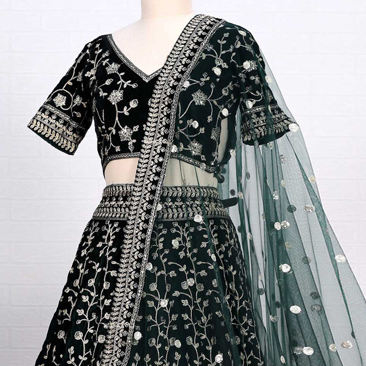 Dark Green Sequins Embroidered Velvet Lehenga Choli