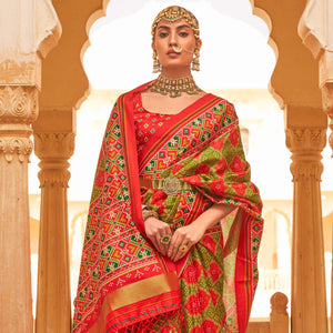 olive-green-red-printed-tussar-silk-saree-with-tassels