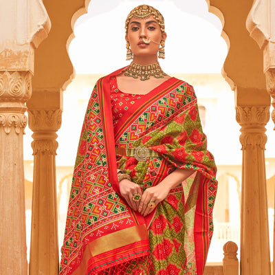 olive-green-red-printed-tussar-silk-saree-with-tassels