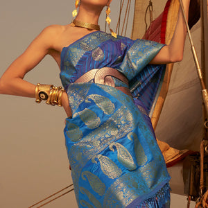 Blue Woven Satin Saree With Tassels