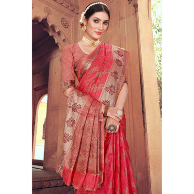 Gajari Pink Floral Woven Organza Saree