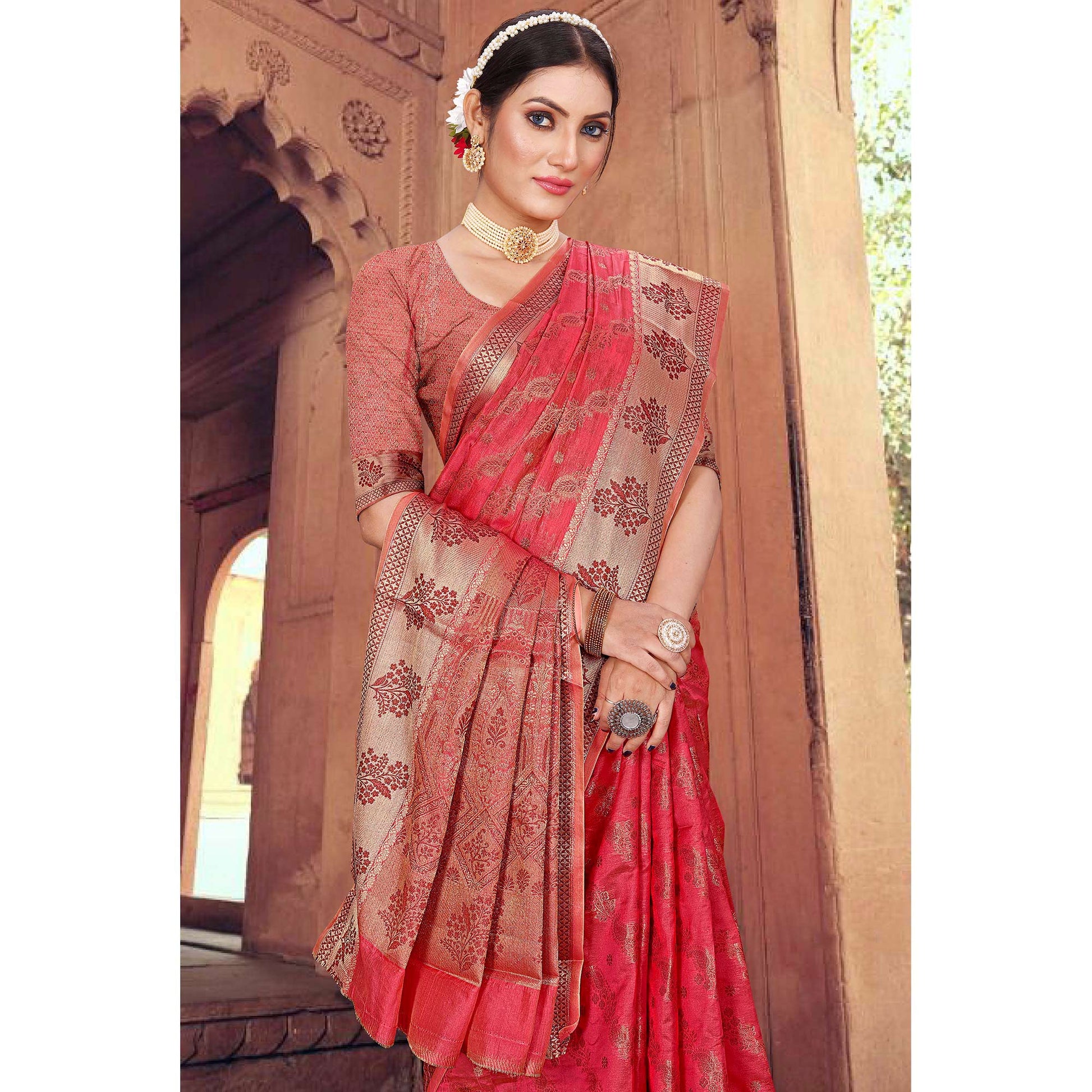 Gajari Pink Floral Woven Organza Saree
