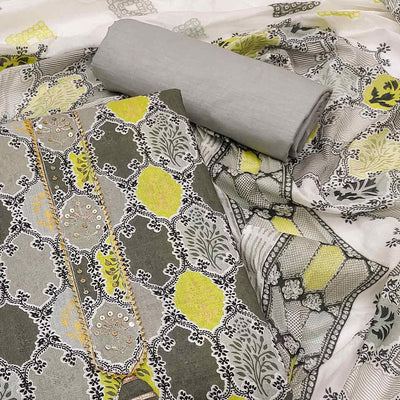 Grey Printed Pure Cotton Dress Material