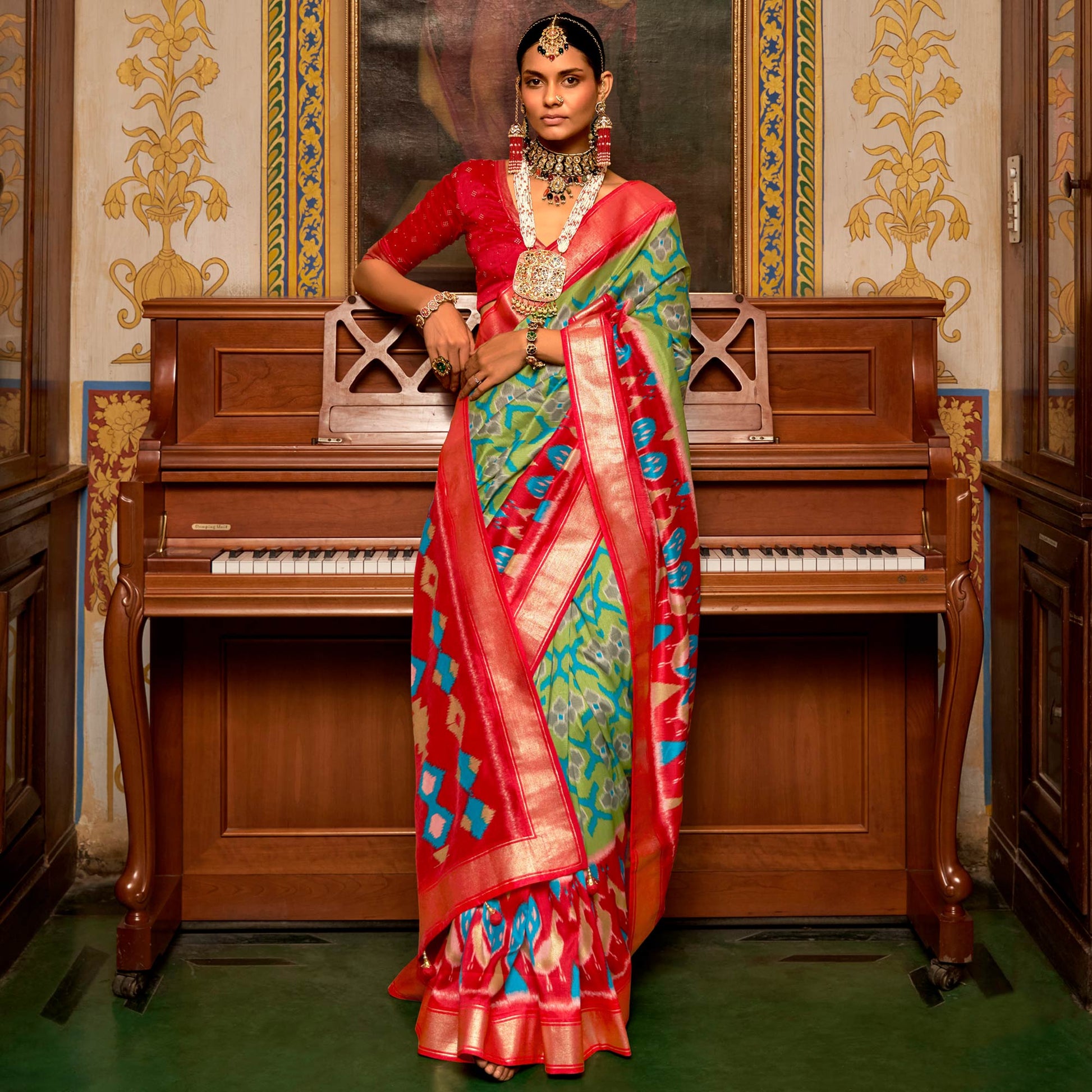 green-red-printed-art-silk-saree