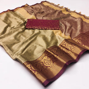 Chikoo Woven Cotton Silk Saree With Tassels