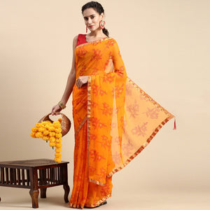 Light Orange Floral Foil Printed Zomato Saree