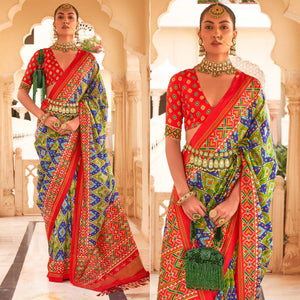 e-olive-green-blue-printed-tussar-silk-saree-with-tassels