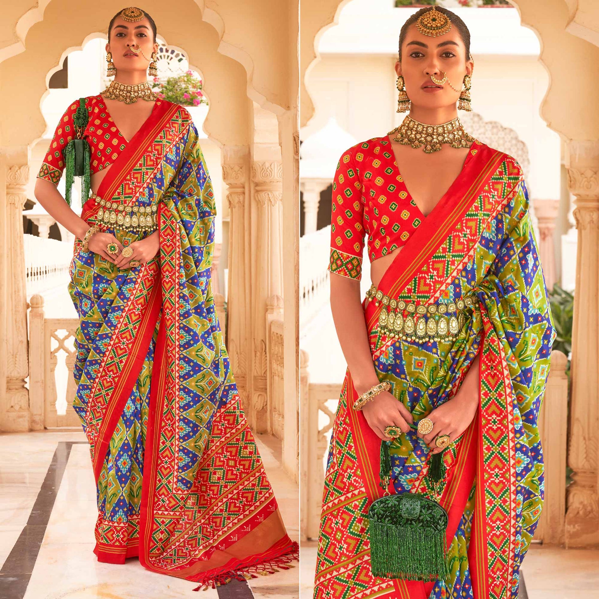 e-olive-green-blue-printed-tussar-silk-saree-with-tassels