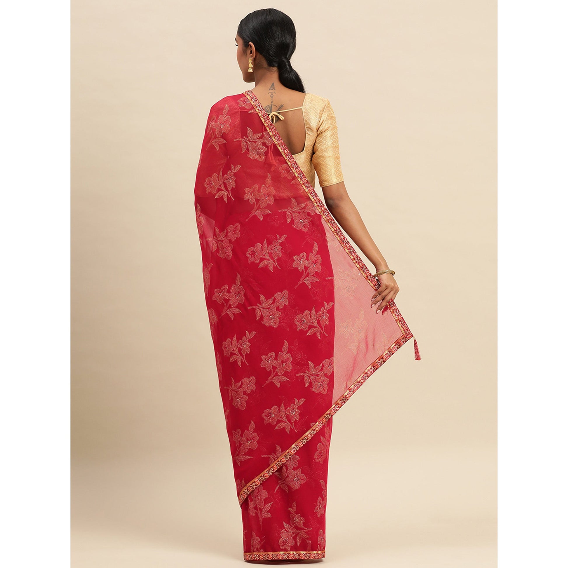 Maroon Floral Foil Printed Zomato Saree