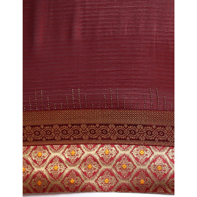 Maroon Swaroski Work With Woven Border Satin Saree