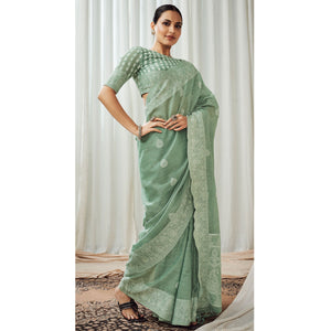 green-woven-linen-saree-2