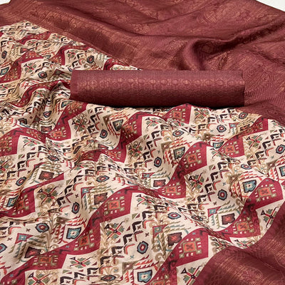 Cream Digital Printed Cotton Silk Saree
