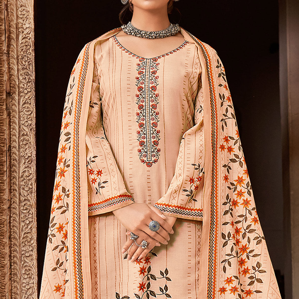 Chikoo Floral Printed With Embroidered Pure Cotton Palazzo Suit