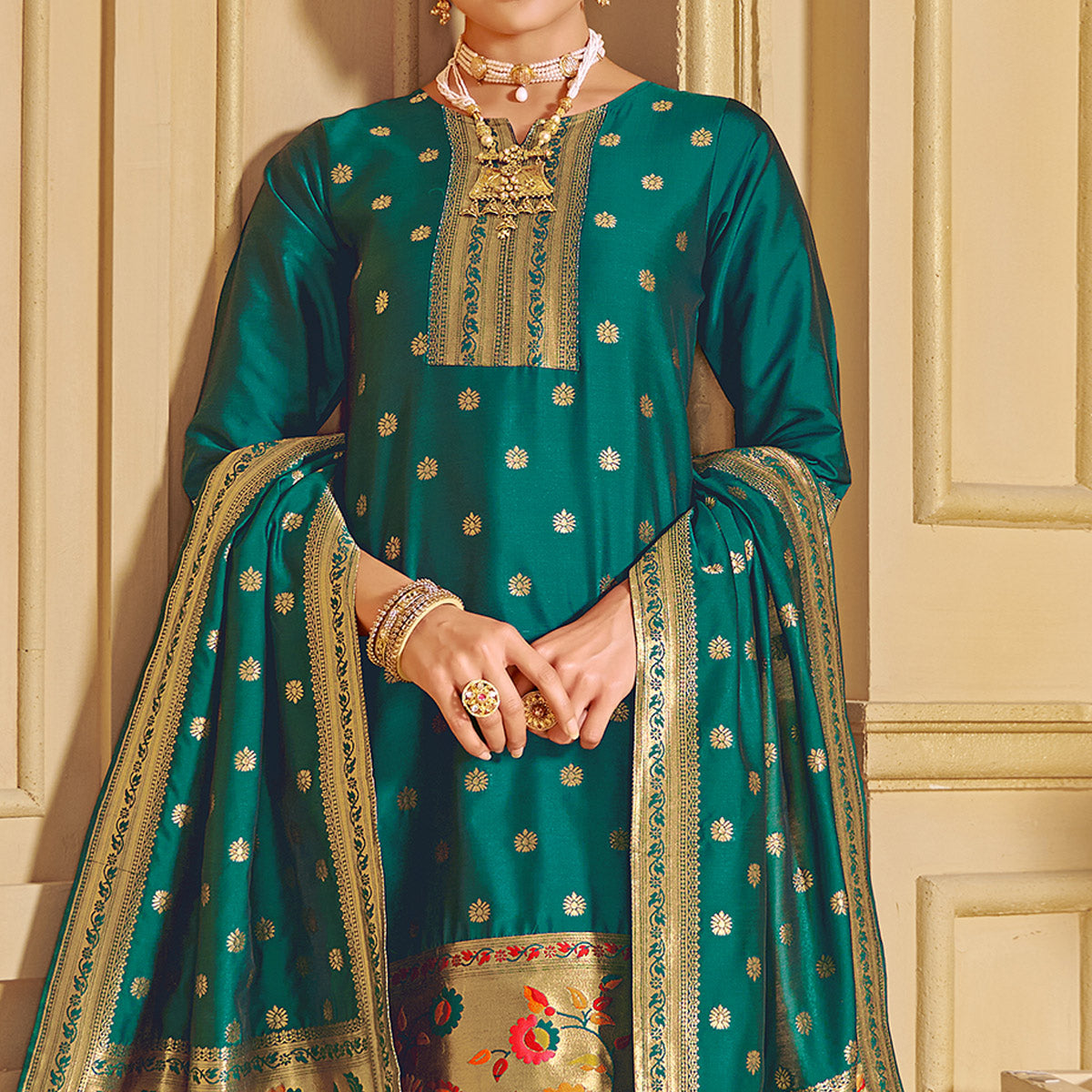 green-floral-woven-tapetta-silk-salwar-suit