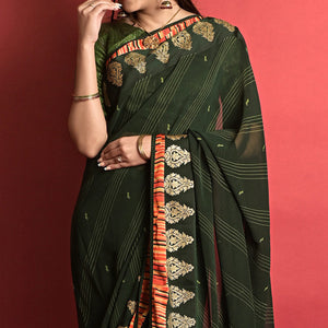 Bottle Green Printed Georgette Saree