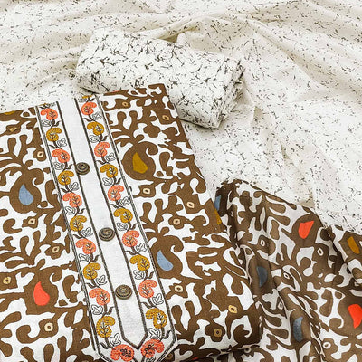 Brown Printed Cotton Dress Material