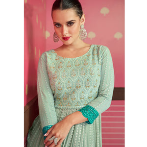 Light Green Sequins Embroidered Georgette Naira Cut Sharara Suit