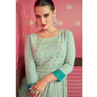Light Green Sequins Embroidered Georgette Naira Cut Sharara Suit