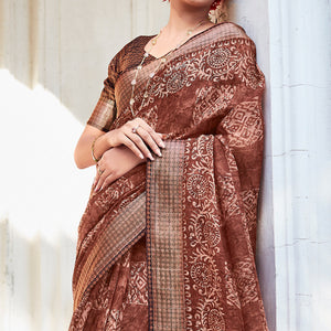 Brown Printed With Woven Border Cotton Saree