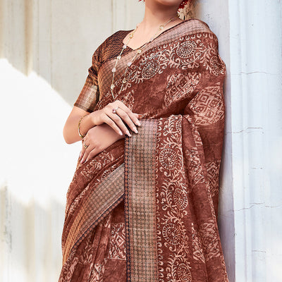 Brown Printed With Woven Border Cotton Saree