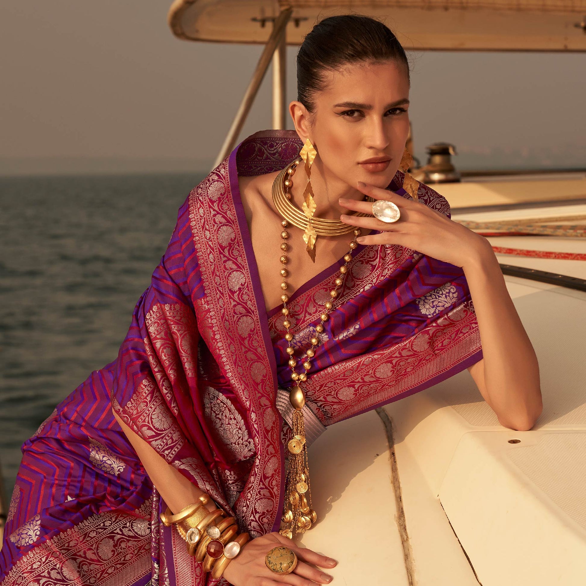 Magenta Pink Woven Satin Saree With Tassels