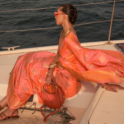 Coral Woven Satin Saree With Tassels