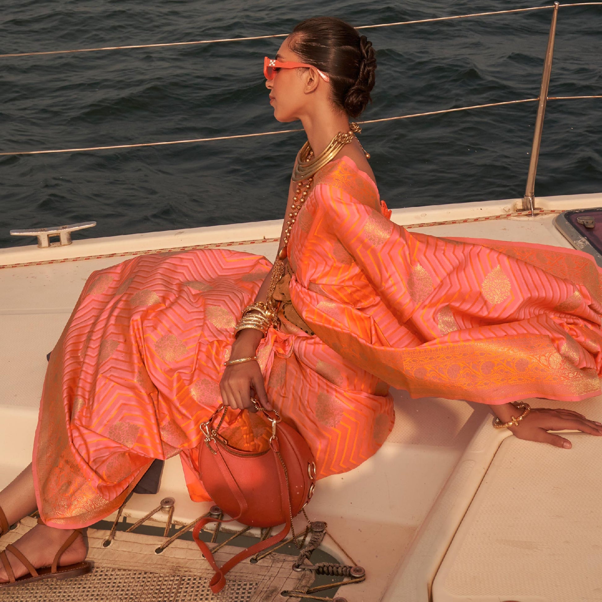 Coral Woven Satin Saree With Tassels