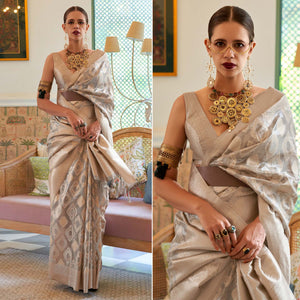 Grey Woven Art Silk Saree With Tassels