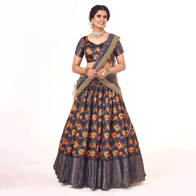 Indigo Blue Digital Printed With Zari Work Art Silk Lehenga Choli