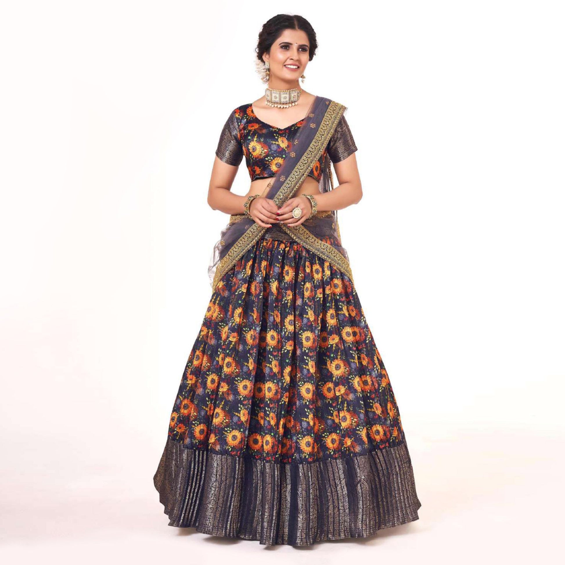 Indigo Blue Digital Printed With Zari Work Art Silk Lehenga Choli