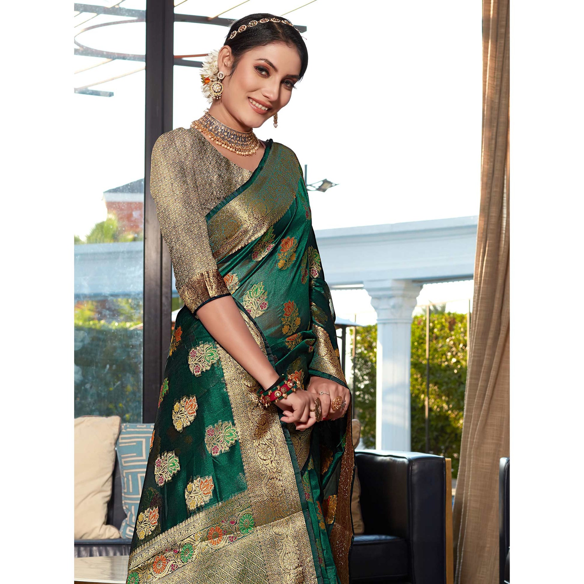a-green-floral-woven-organza-saree
