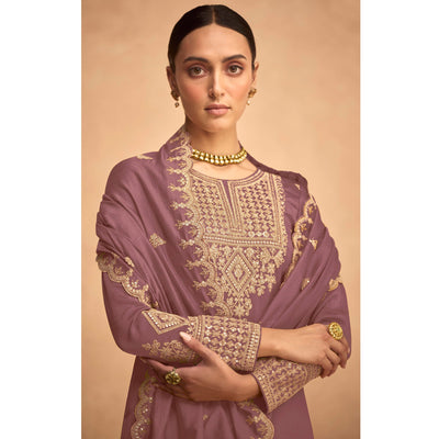 Mauve Sequins Embroidered Georgette Palazzo Suit