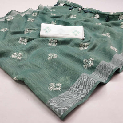 green-floral-embroidered-raw-silk-saree
