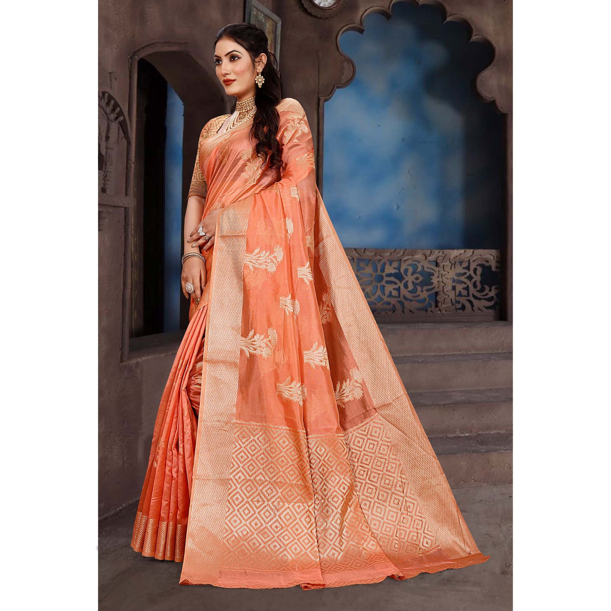 Dark Peach Floral Woven Organza Saree