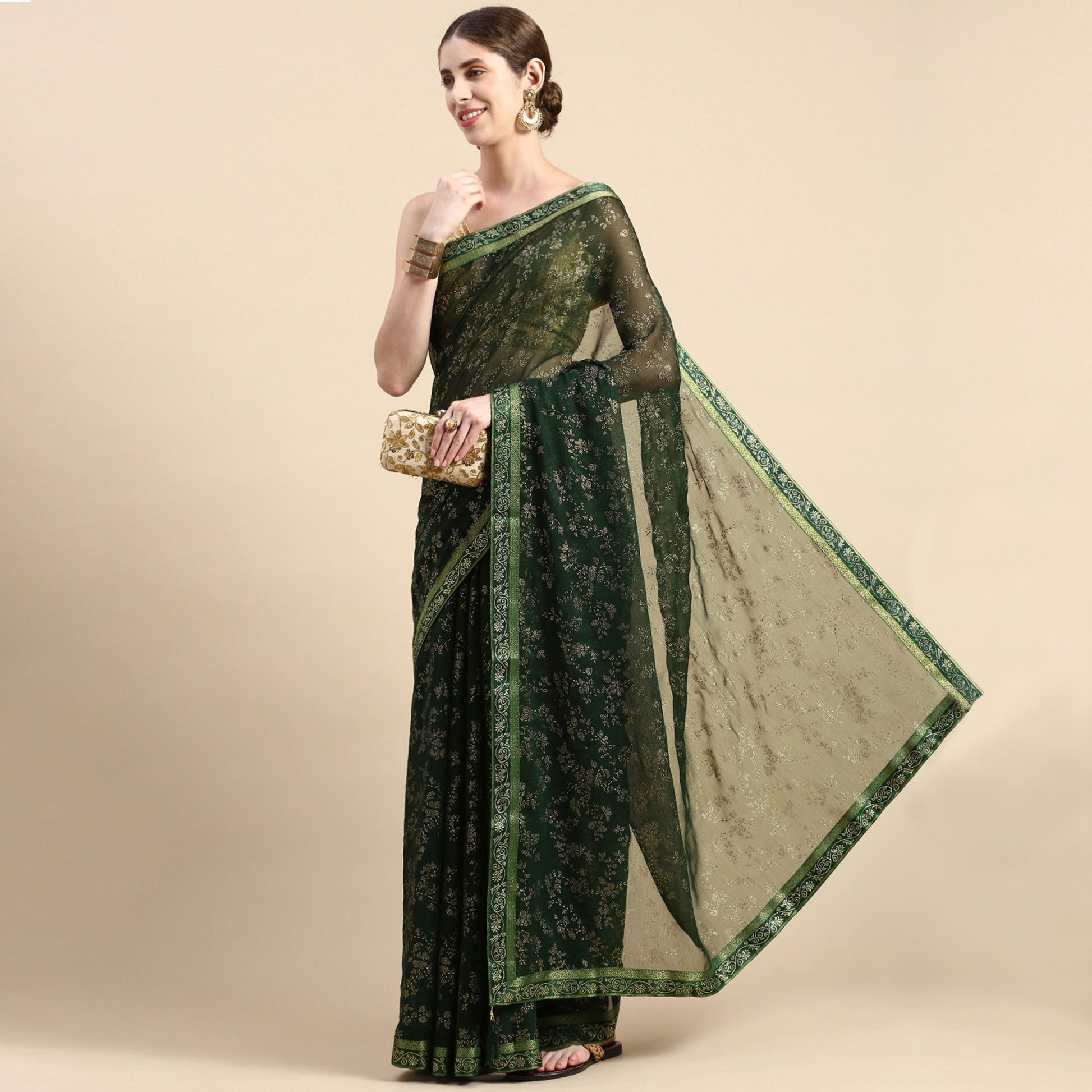 green-floral-foil-printed-shimmer-saree